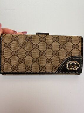 Gucci Britt Continental Wallet GG Canvas Leather Beige Brown